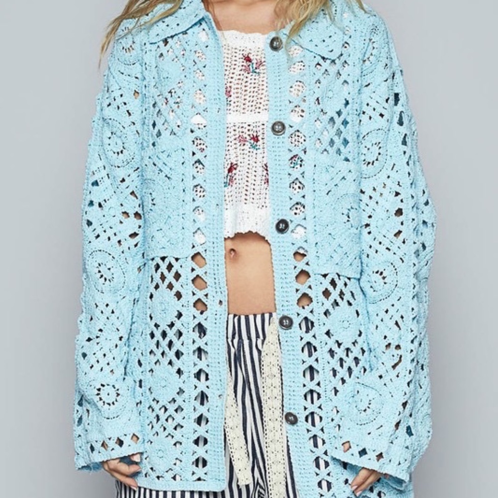 POL Crochet Button Up Cardigan with Chest Patch Pockets